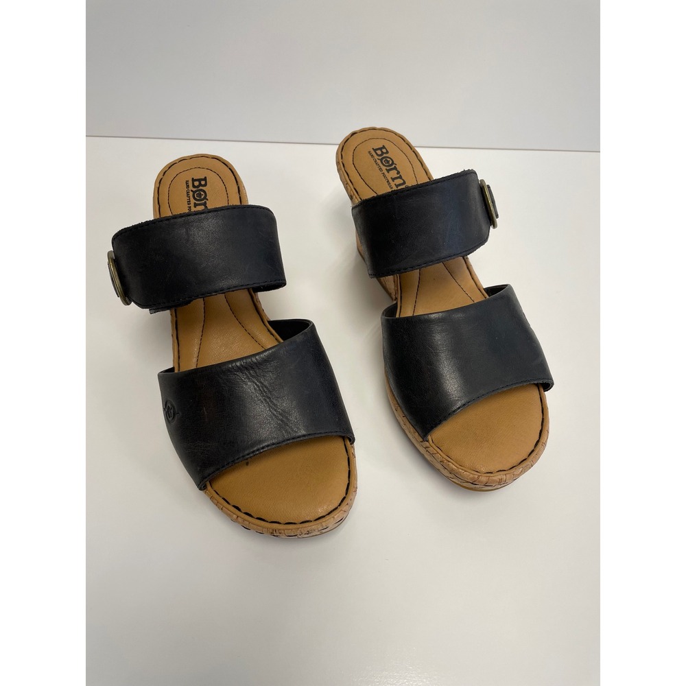 Born Adria Black Leather Cork Wedge Platform Sandals Women's Size 9 Comfort